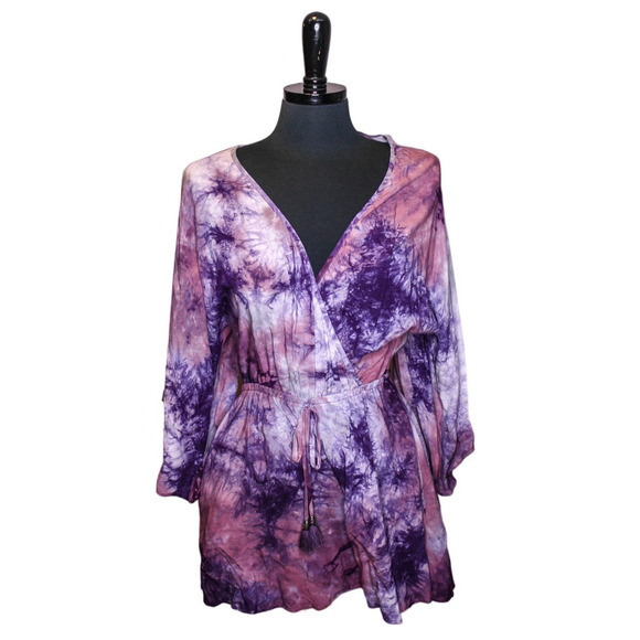 Lovestitch Romper Tie Dye Print Purple Deep V Neck Kimono Sleeve S - Picture 1 of 4